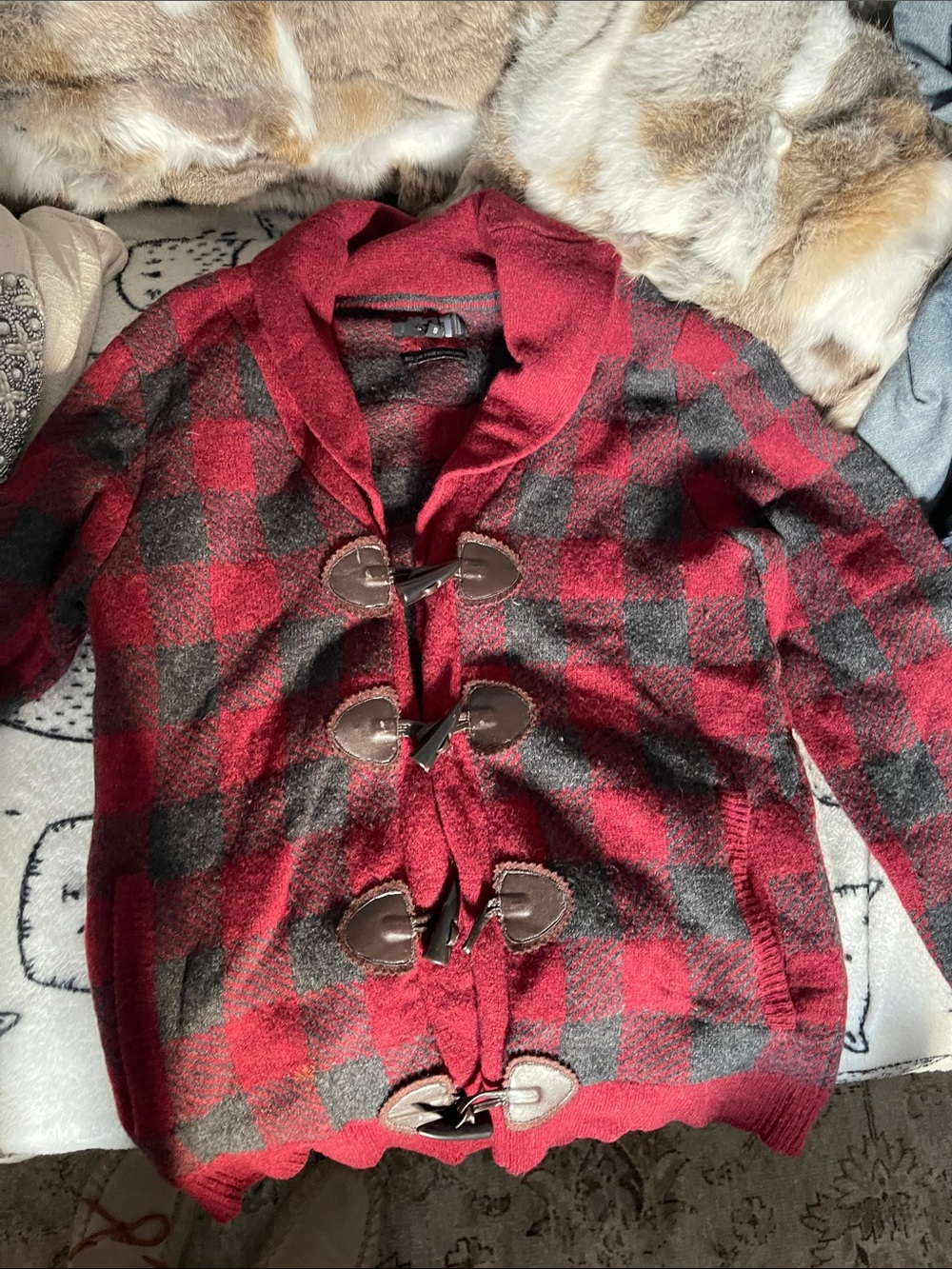 Simons Red and Black Buffalo Plaid Toggle Coatigan